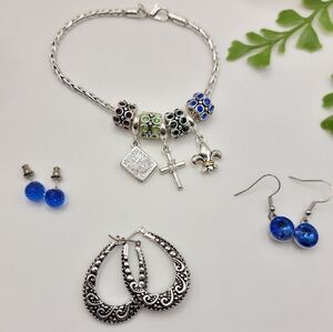 Jewelry Bundle Silvertone Charm Bracelet  Blue and Green & 3 Pair Earrings